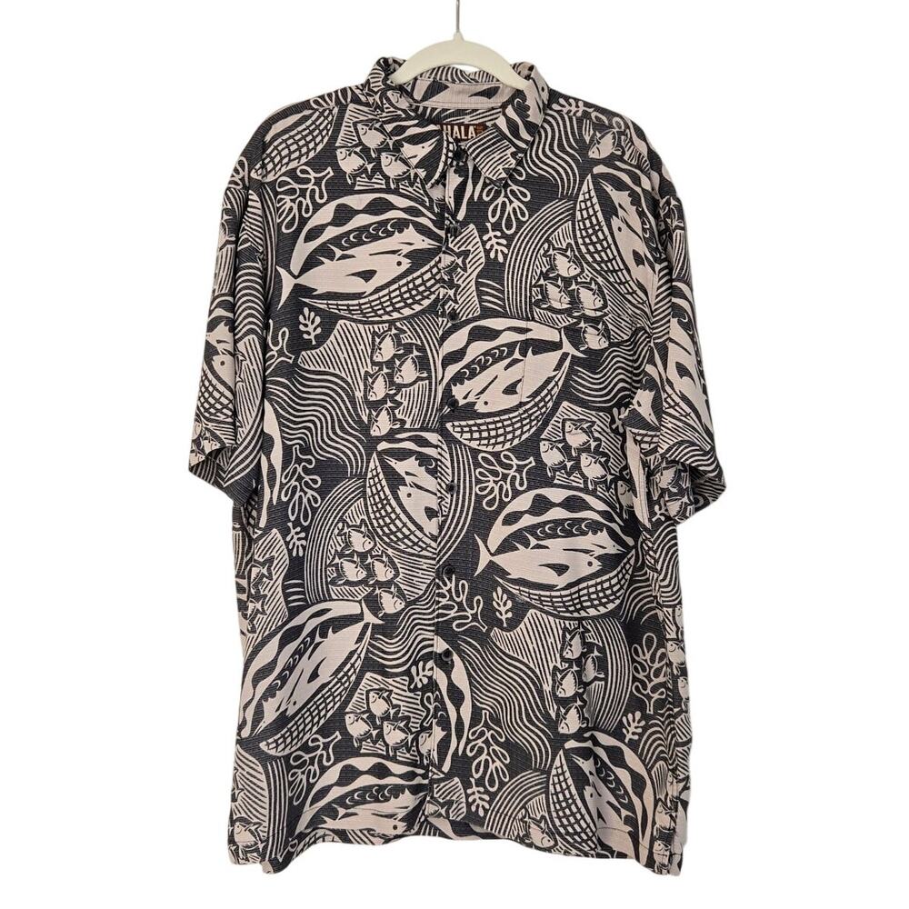 Kahala Ocean Fishing Net Men's Aloha Shirt Fish Tribal Tattoo Print Rayon Blk XL